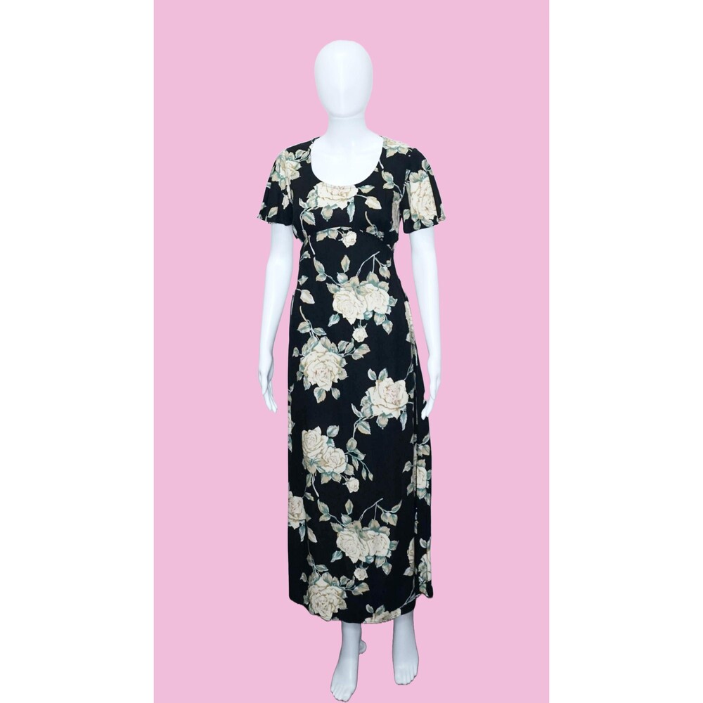1990s ALL THAT JAZZ Rose Print Short Sleeve. Empire Waist. Maxi Dress. Sm. As Is
